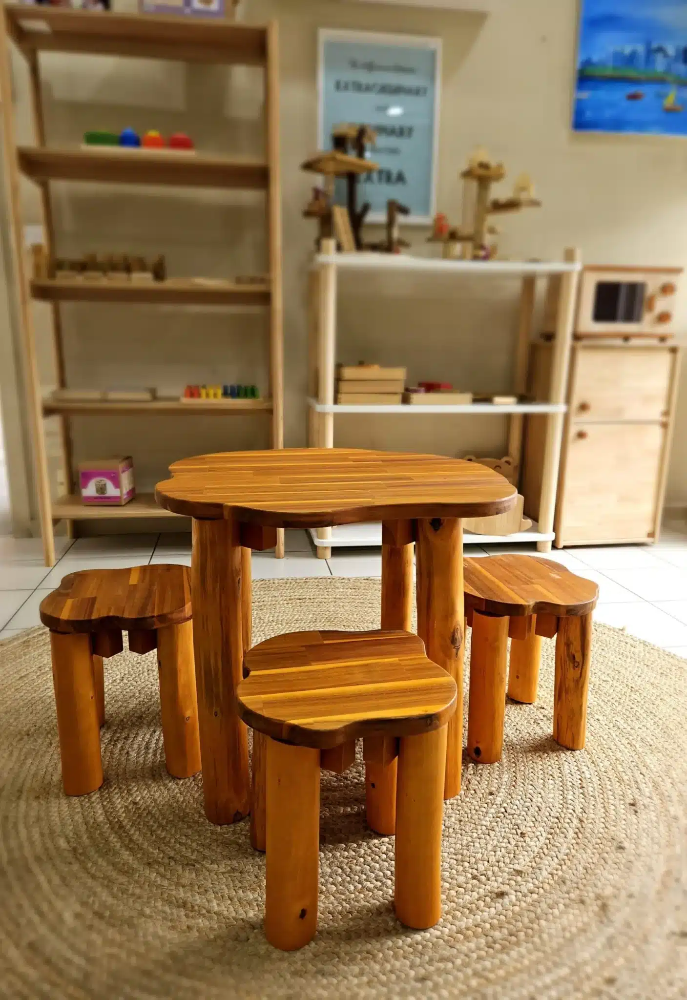 Hardwood Tree Table and 3 Stools Set - Image 2