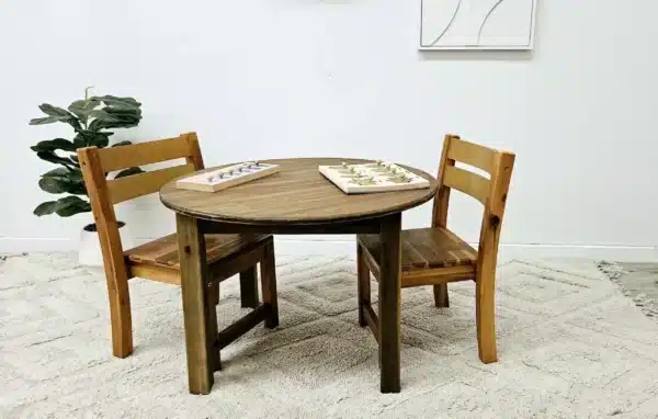 Hardwood Medium Round Table with 2 Stacking Chairs