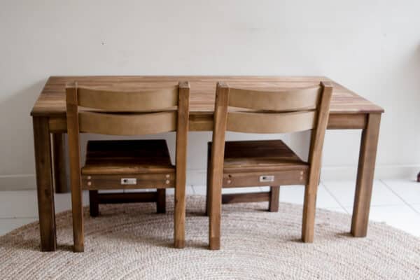 Rectangular table and 2 stacking chairs
