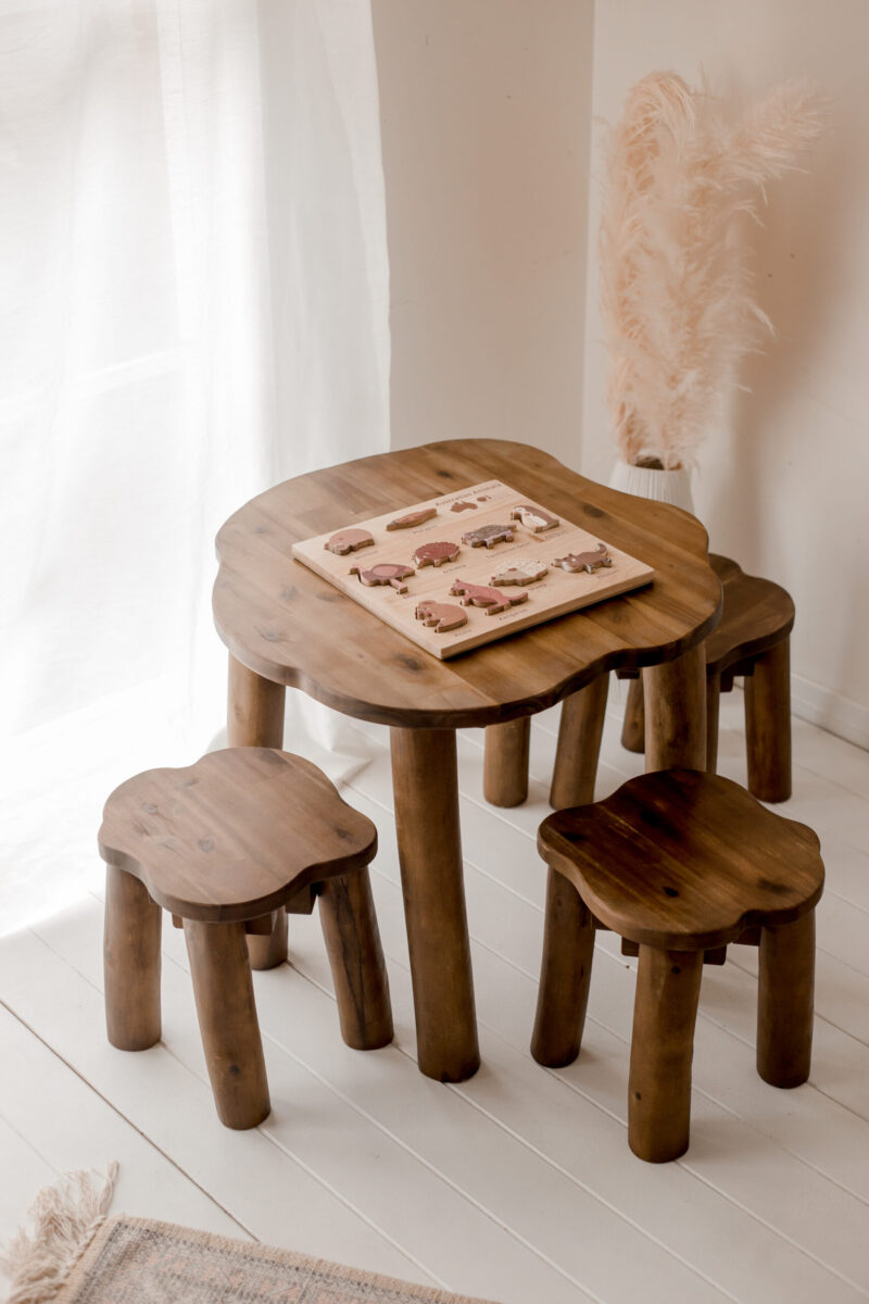 Hardwood Tree Table and 3 Stools Set